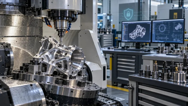 CNC machine cutting a precision aerospace component beside CAD engineering monitors and a digital cybersecurity shield.