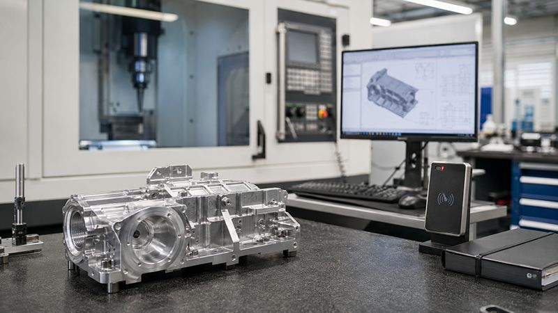 ITAR-compliant precision machine shop with CNC-machined defense component and secure engineering workstation