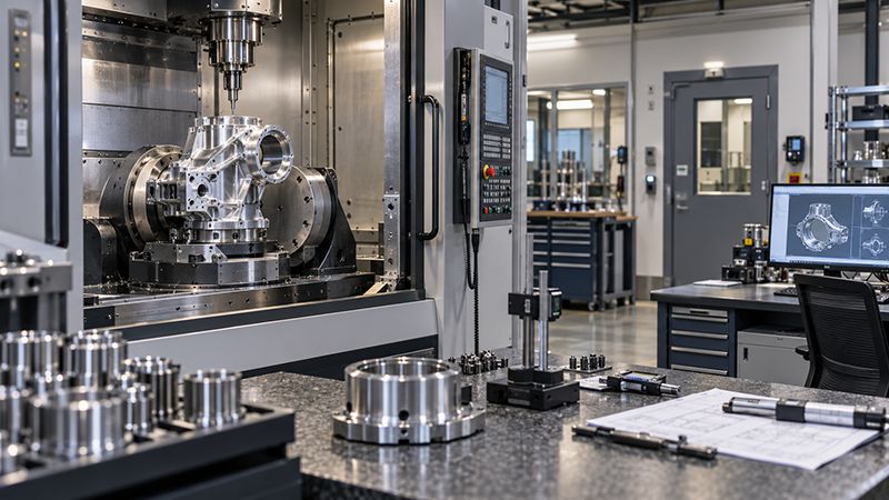 Precision CNC-machined aerospace component inside a modern multi-axis machine in a controlled defense manufacturing facility