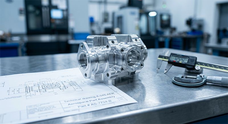 Precision aerospace CNC machined aluminum component undergoing quality inspection in a certified machine shop.