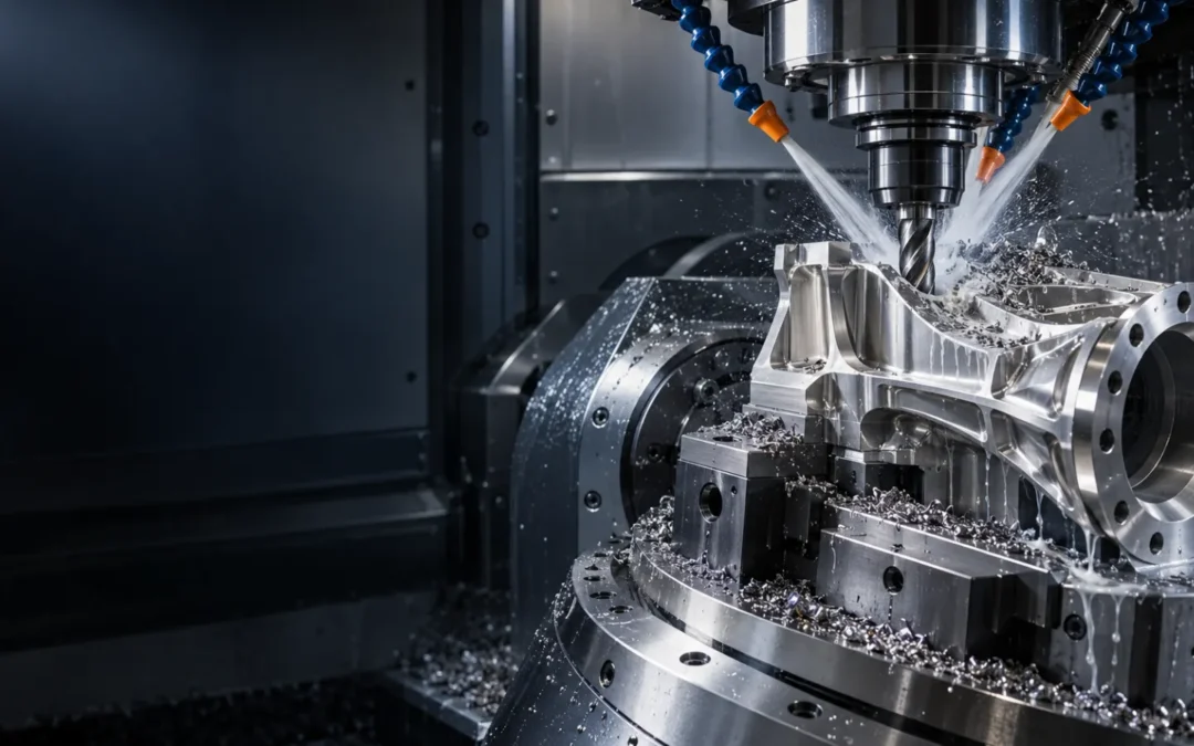 CNC milling of a Ti-6Al-4V titanium aerospace part with carbide tooling and high-pressure coolant